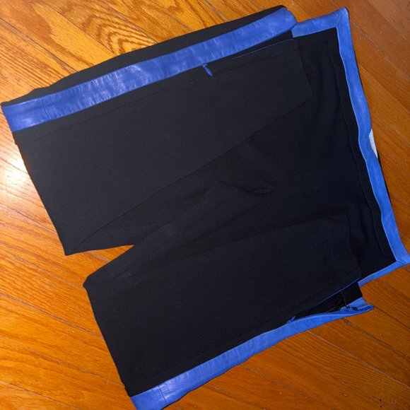 Diane Von Furstenberg Black Leggings with Blue Leather Trim Sz 12 - Picture 3 of 9